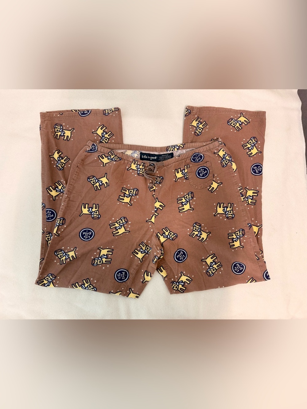 Life Is Good Brown Dog-Print Pajama Pants with Yellow Dogs